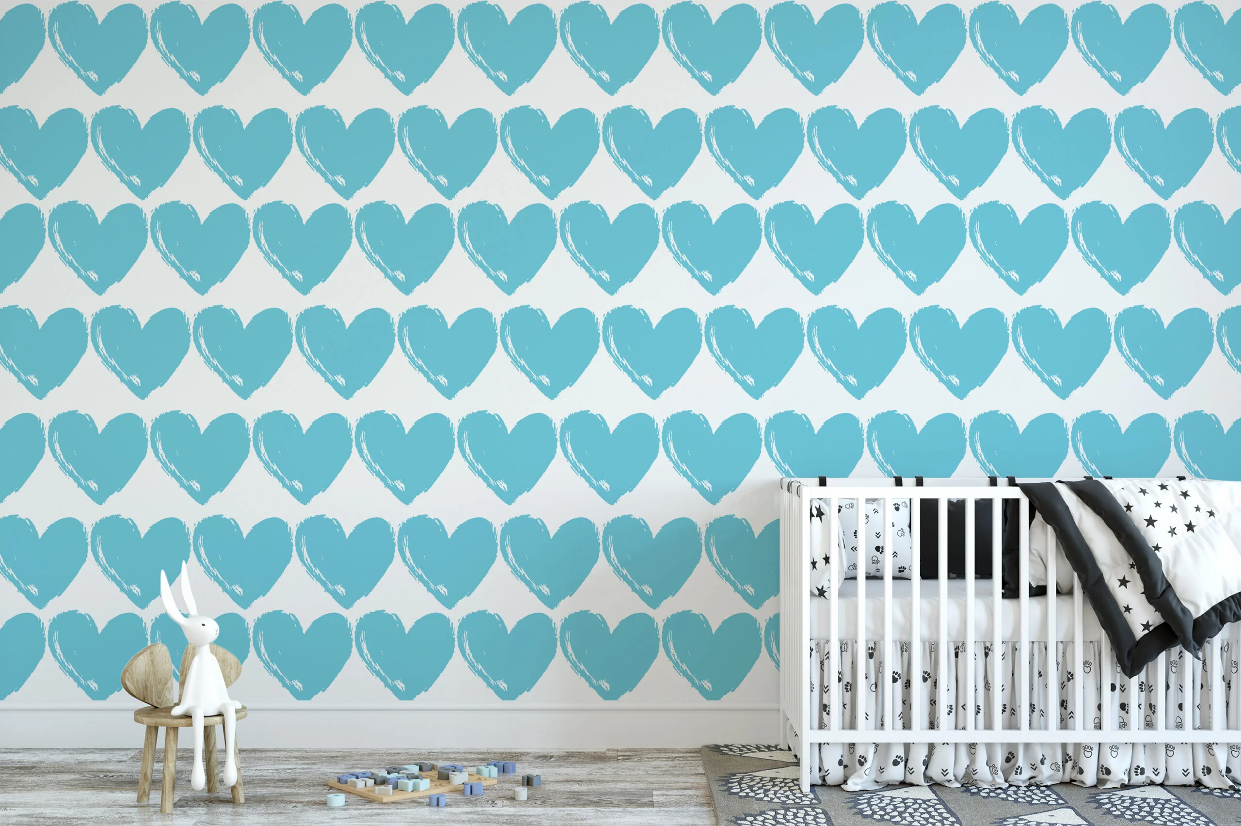 Light Blue Heart Pattern Wallpaper, Sweetheart Blue Heart Nursery Peel & Stick Wall Mural