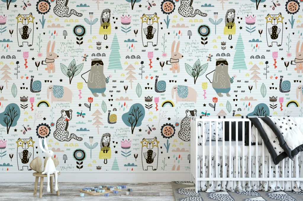 Cute Doodle Icons On Paper Pattern Wallpaper, Whimsical Woodland Drawings Peel & Stick Wall Mural