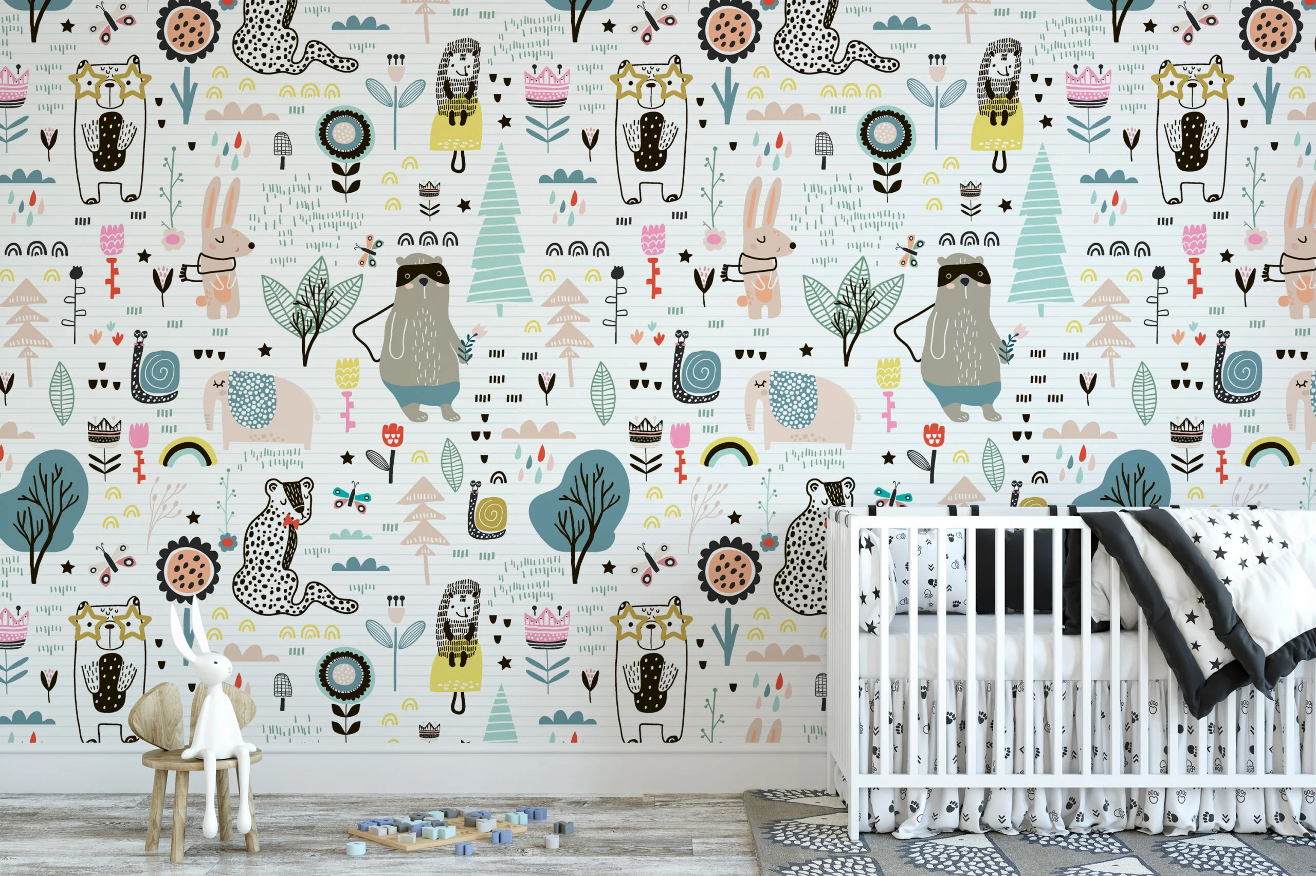 Cute Doodle Icons On Paper Pattern Wallpaper, Whimsical Woodland Drawings Peel & Stick Wall Mural