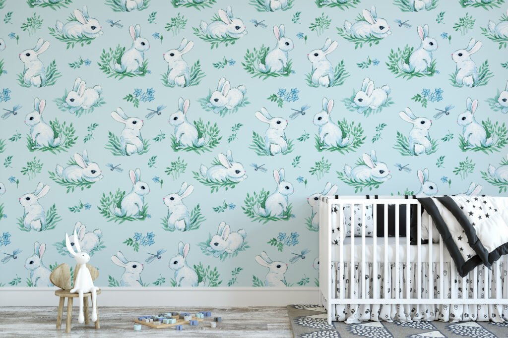Light Blue Watercolor Effect Bunny With Dragonfly Illustration Wallpaper, Serene Bunny Meadow Kids Peel & Stick Wall Mural
