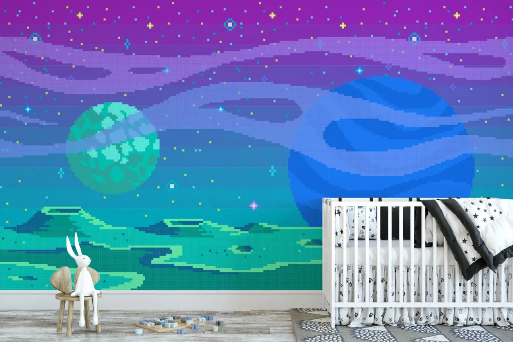 Colorful Pixel Art In Space Illustration Extraterrestrial Wallpaper, Retro Pixel Art Space Peel & Stick Wall Mural