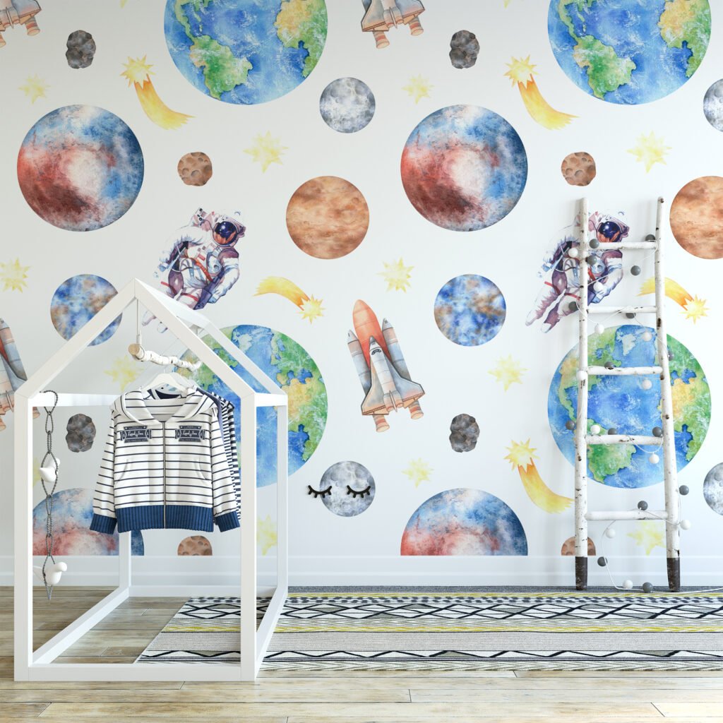 Watercolor Astronaut And Space Themed Planets Illustration Wallpaper, Astronaut and Space Shuttle Peel & Stick Wall Mural