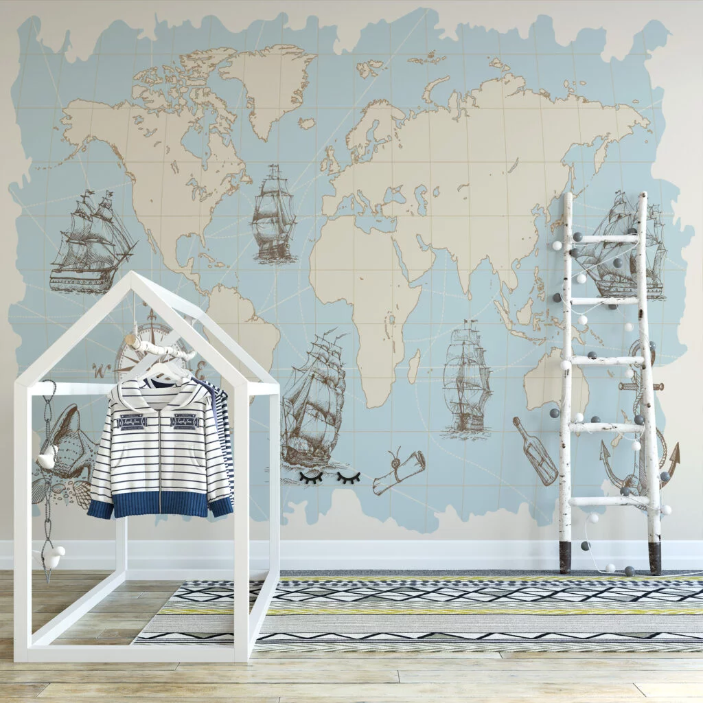 Pastel Blue World Map With Pirate Ships Wallpaper, Vintage Nautical World Map Peel & Stick Wall Mural