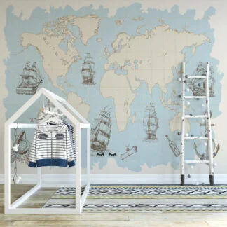 Pastel Blue World Map With Pirate Ships Wallpaper, Vintage Nautical World Map Peel & Stick Wall Mural