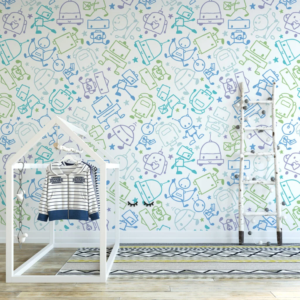 Cute Doodle Robots Drawing Nursery Wallpaper, Playful Space Line Art Peel & Stick Wall Mural