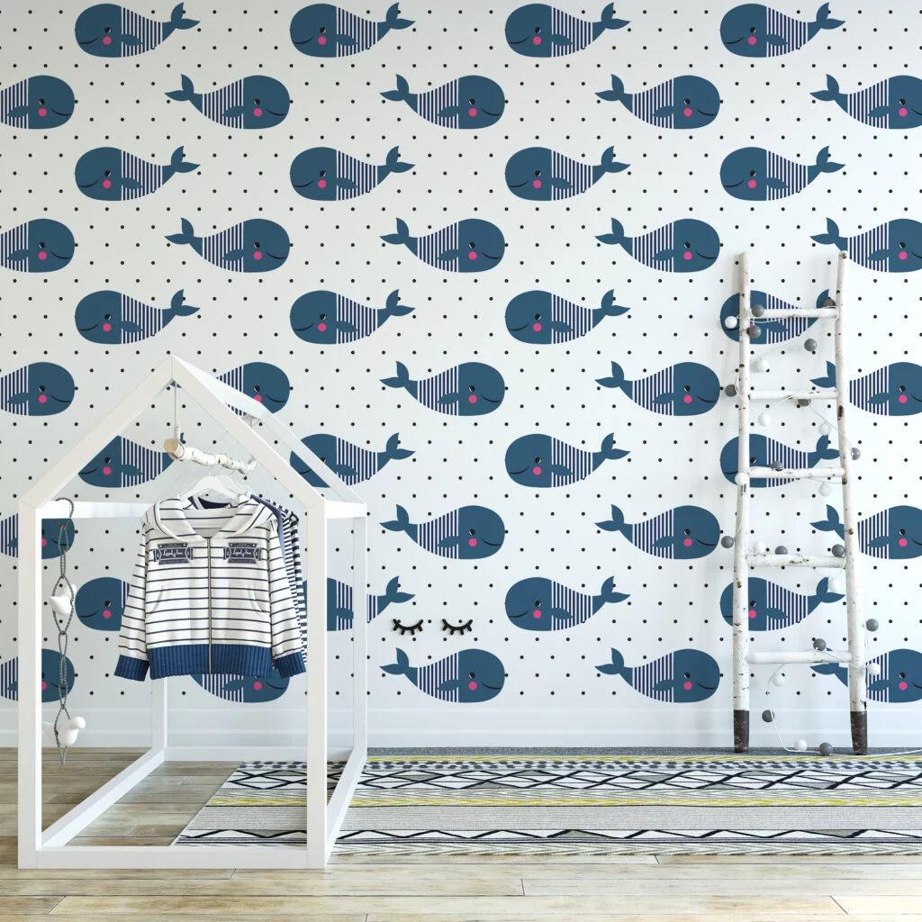 Cute Whale Illustration Pattern Nursery Wallpaper, Charming Navy Whale Peel & Stick Wall Mural