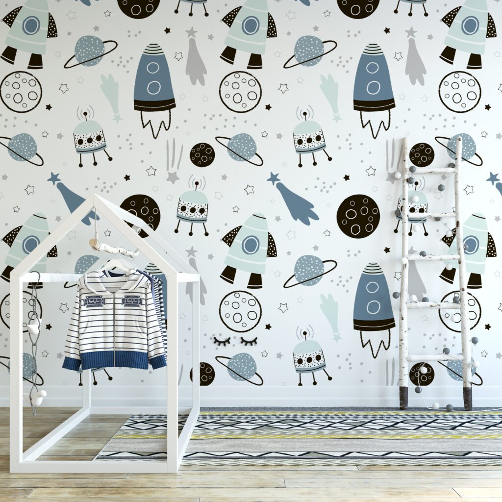 Space Planets And Rockets Kids Room Illustration Wallpaper, Outer Space Rocket Kids Peel & Stick Wall Mural