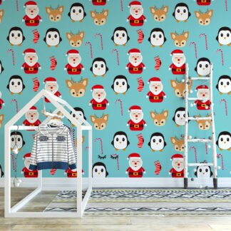 Christmas Themed Icons Illustration With Santa Claus Wallpaper, Cheerful Christmas Characters Peel & Stick Wall Mural
