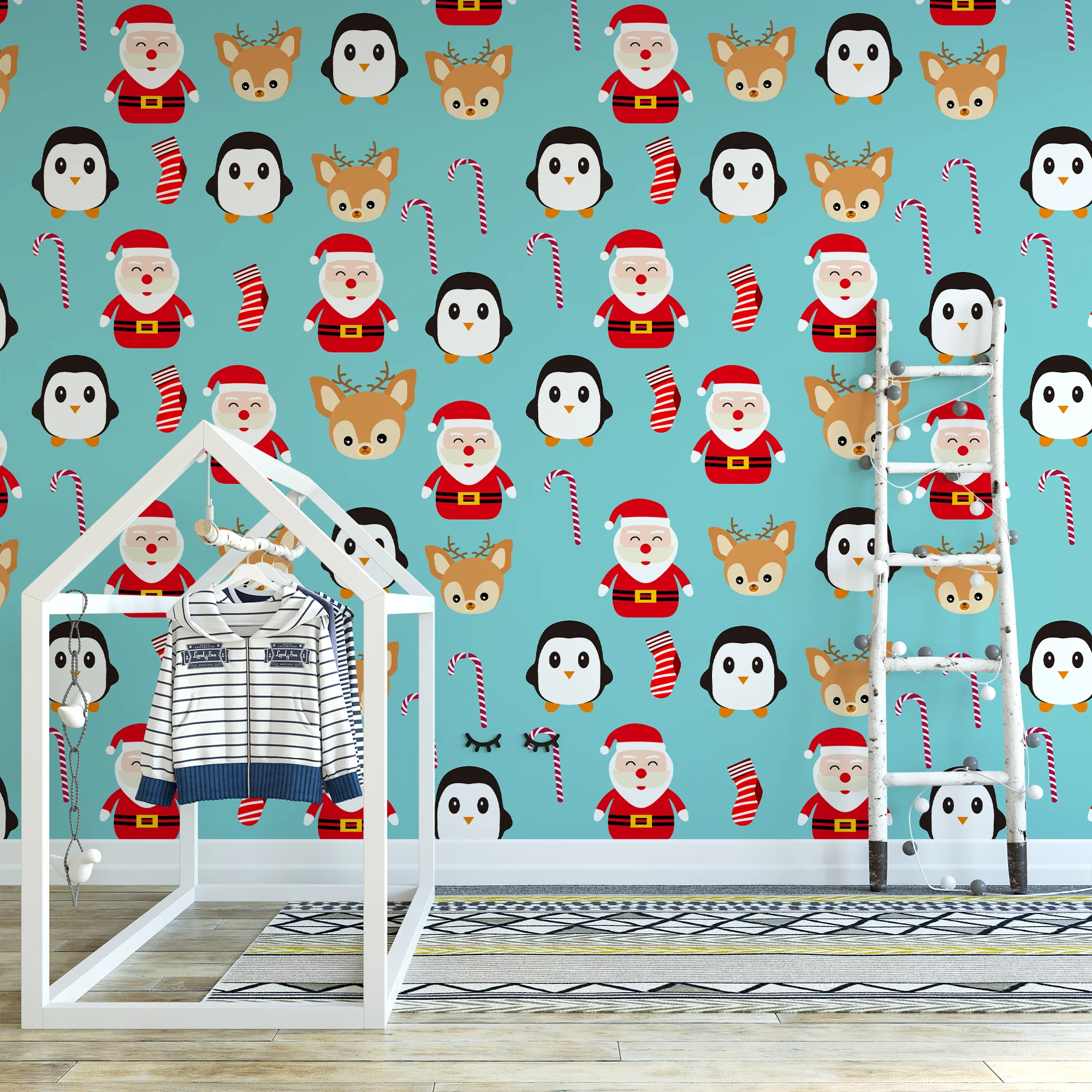 Christmas Themed Icons Illustration With Santa Claus Wallpaper, Cheerful Christmas Characters Peel & Stick Wall Mural
