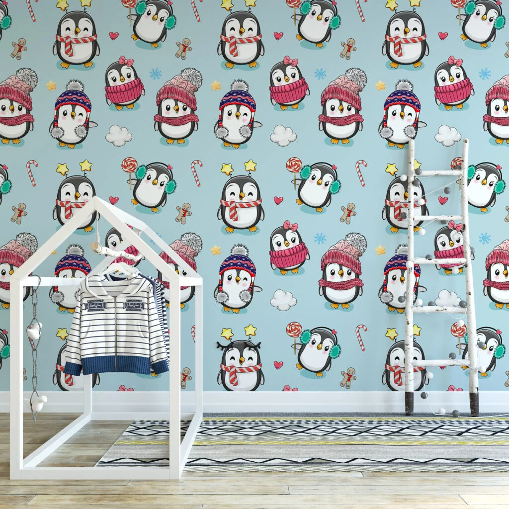 Cute Cartoon Style Christmas Penguins Illustration Wallpaper, Festive Penguin Playtime Kids Peel & Stick Wall Mural