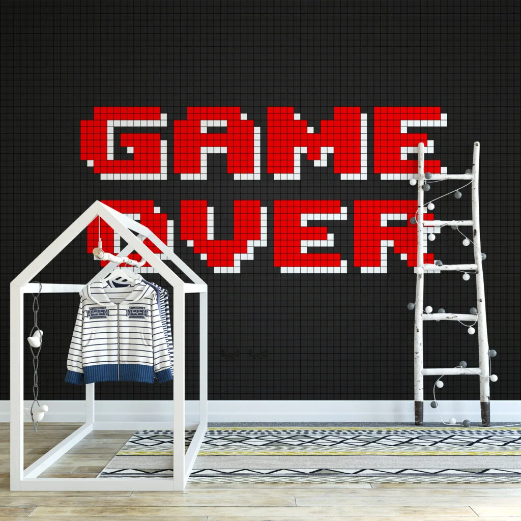 Game Over Video Game Pixel Art Wallpaper, Nostalgic Gamer Wall Decor Peel & Stick Wall Mural