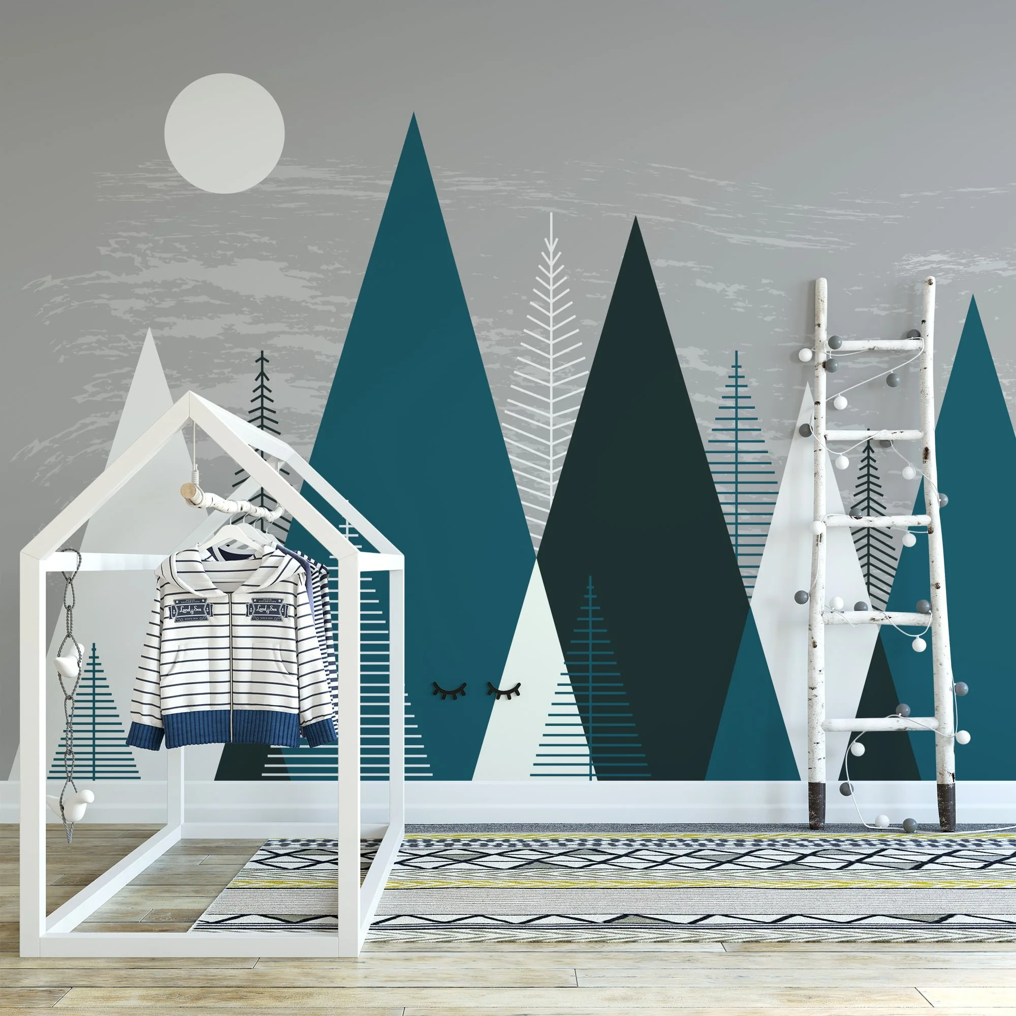 Minimalist Wallpaper With Abstract Mountains And Trees, Forest Silhouette Peel & Stick Wall Mural