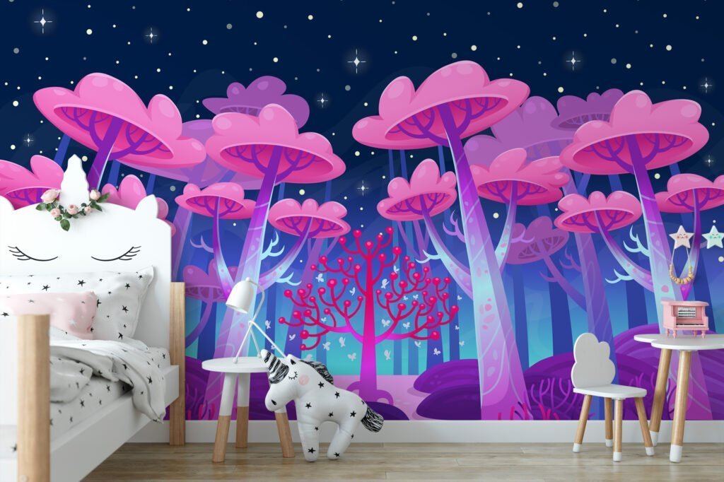 Cartoon Style Large Pink Cotton Candy Trees Wallpaper, Enchanted Forest Space Peel & Stick Wall Mural
