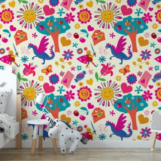 Colorful Kids Playroom Illustration Wallpaper, Enchanted Fairytale Kids Peel & Stick Wall Mural