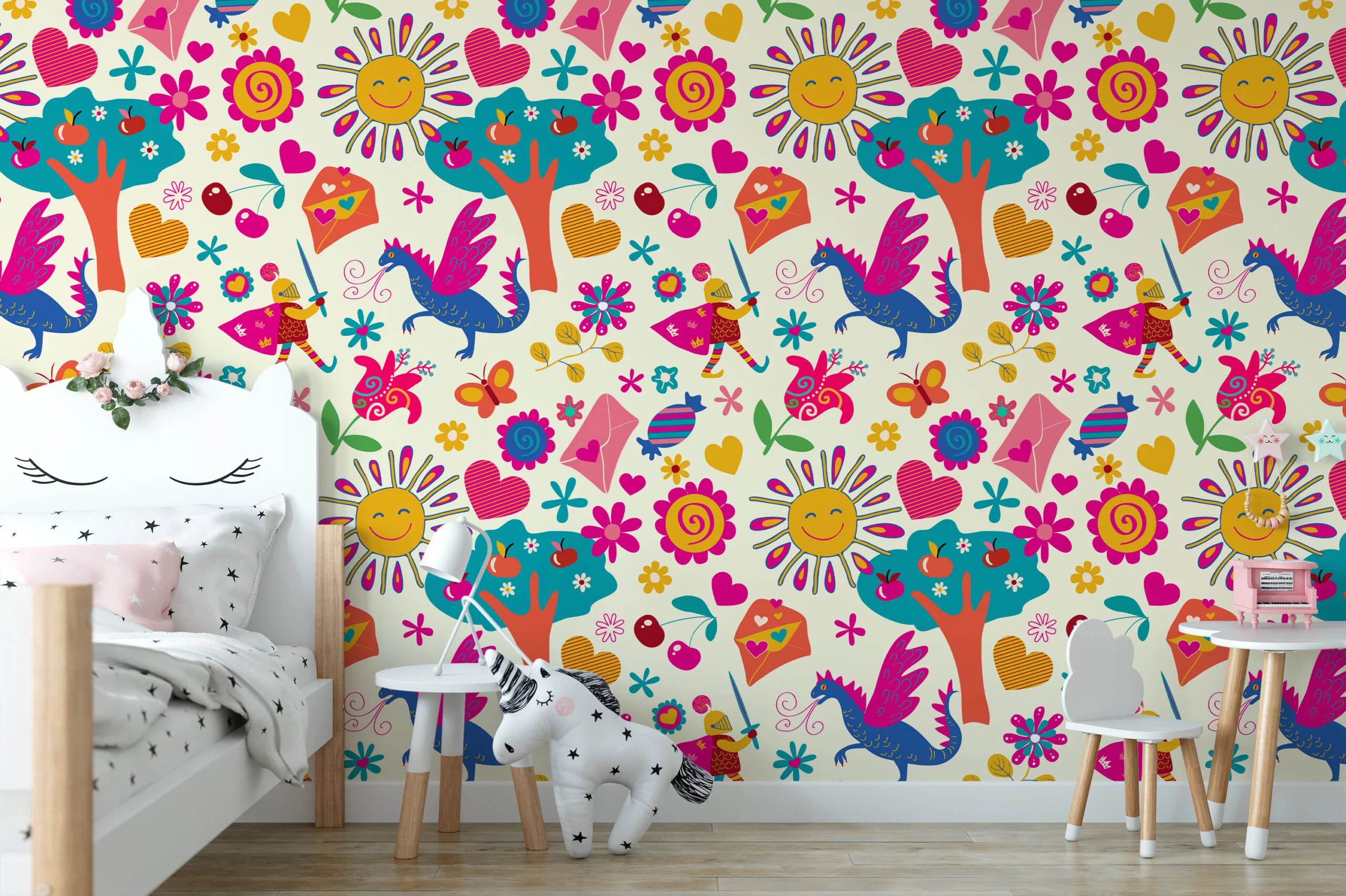 Colorful Kids Playroom Illustration Wallpaper, Enchanted Fairytale Kids Peel & Stick Wall Mural