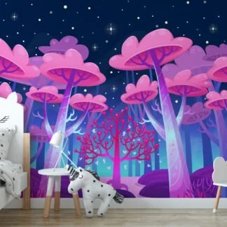 Cartoon Style Large Pink Cotton Candy Trees Wallpaper, Enchanted Forest Space Peel & Stick Wall Mural