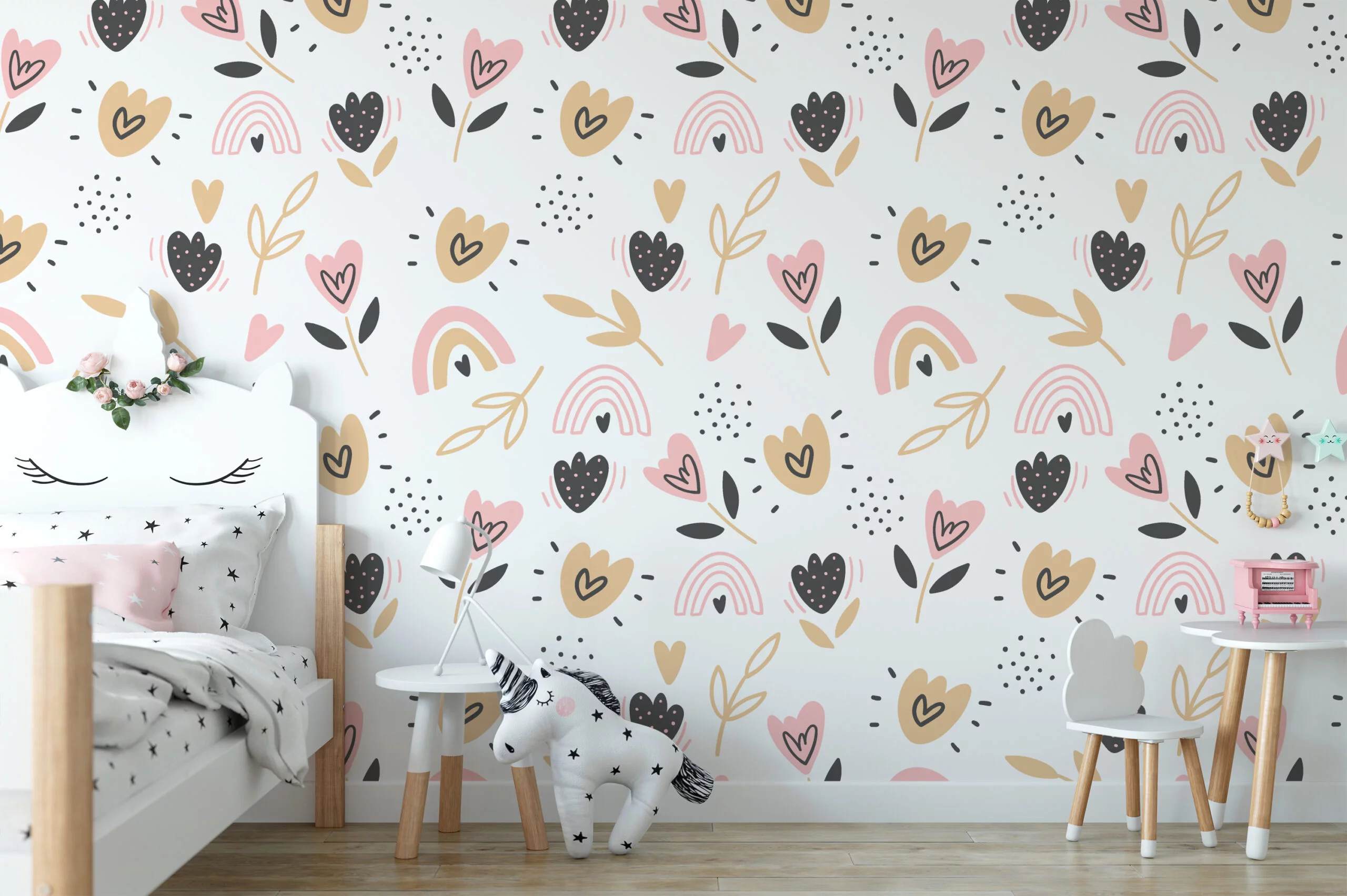 Cute Nursery Pattern With Rainbows Hearts And Branches Wallpaper, Whimsical Floral Kids Peel & Stick Wall Mural
