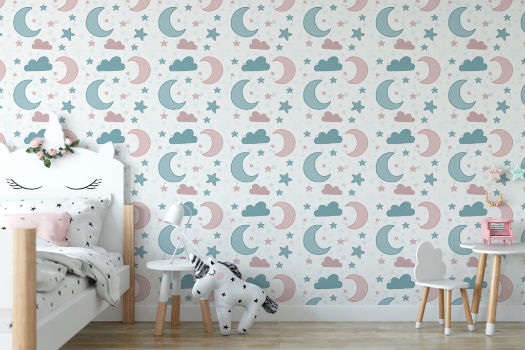 Nursery Stars Moon And Clouds Illustration Wallpaper, Dreamy Moons and Clouds Peel & Stick Wall Mural