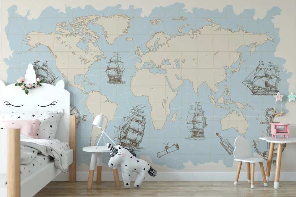 Pastel Blue World Map With Pirate Ships Wallpaper, Vintage Nautical World Map Peel & Stick Wall Mural