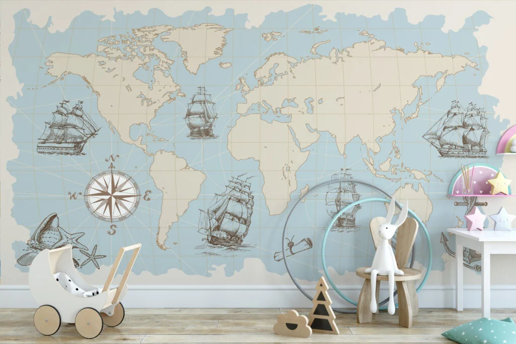 Pastel Blue World Map With Pirate Ships Wallpaper, Vintage Nautical World Map Peel & Stick Wall Mural