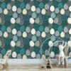 Teal Egg Shaped Abstract Illustration Wallpaper, Elegant Geometric Navy Peel & Stick Wall Mural