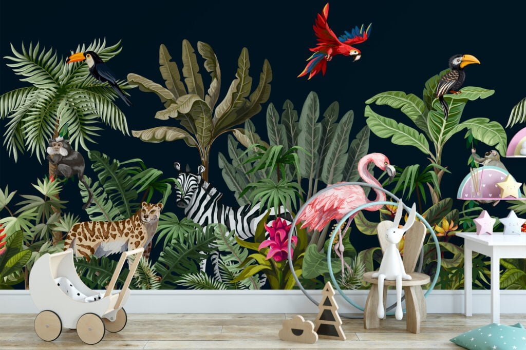 Tropical Jungle With Exotic Animals Illustration With A Dark Background, Exotic Animal & Floral Peel & Stick Wall Mural
