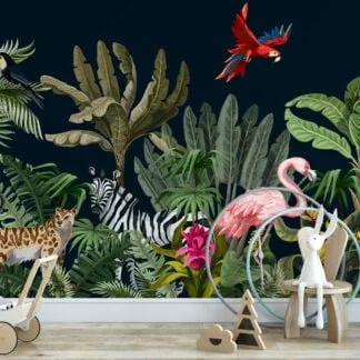 Tropical Jungle With Exotic Animals Illustration With A Dark Background, Exotic Animal & Floral Peel & Stick Wall Mural