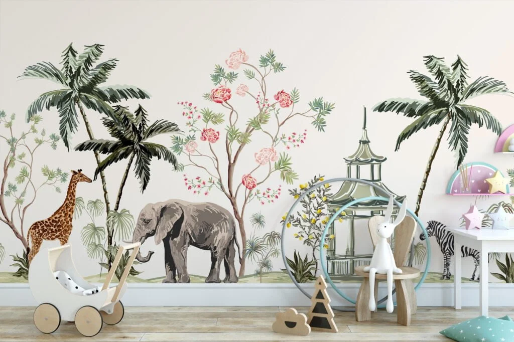 Safari Animals And Palm Trees Illustration With A light Background Wallpaper, Exotic Animal Chinoiserie Peel & Stick Wall Mural