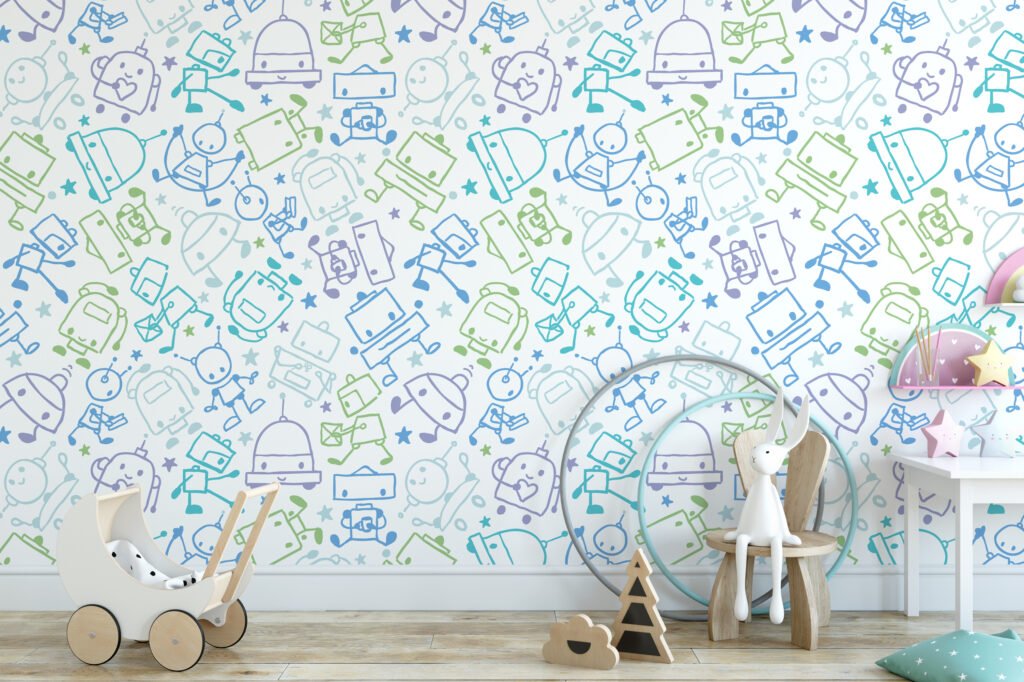 Cute Doodle Robots Drawing Nursery Wallpaper, Playful Space Line Art Peel & Stick Wall Mural