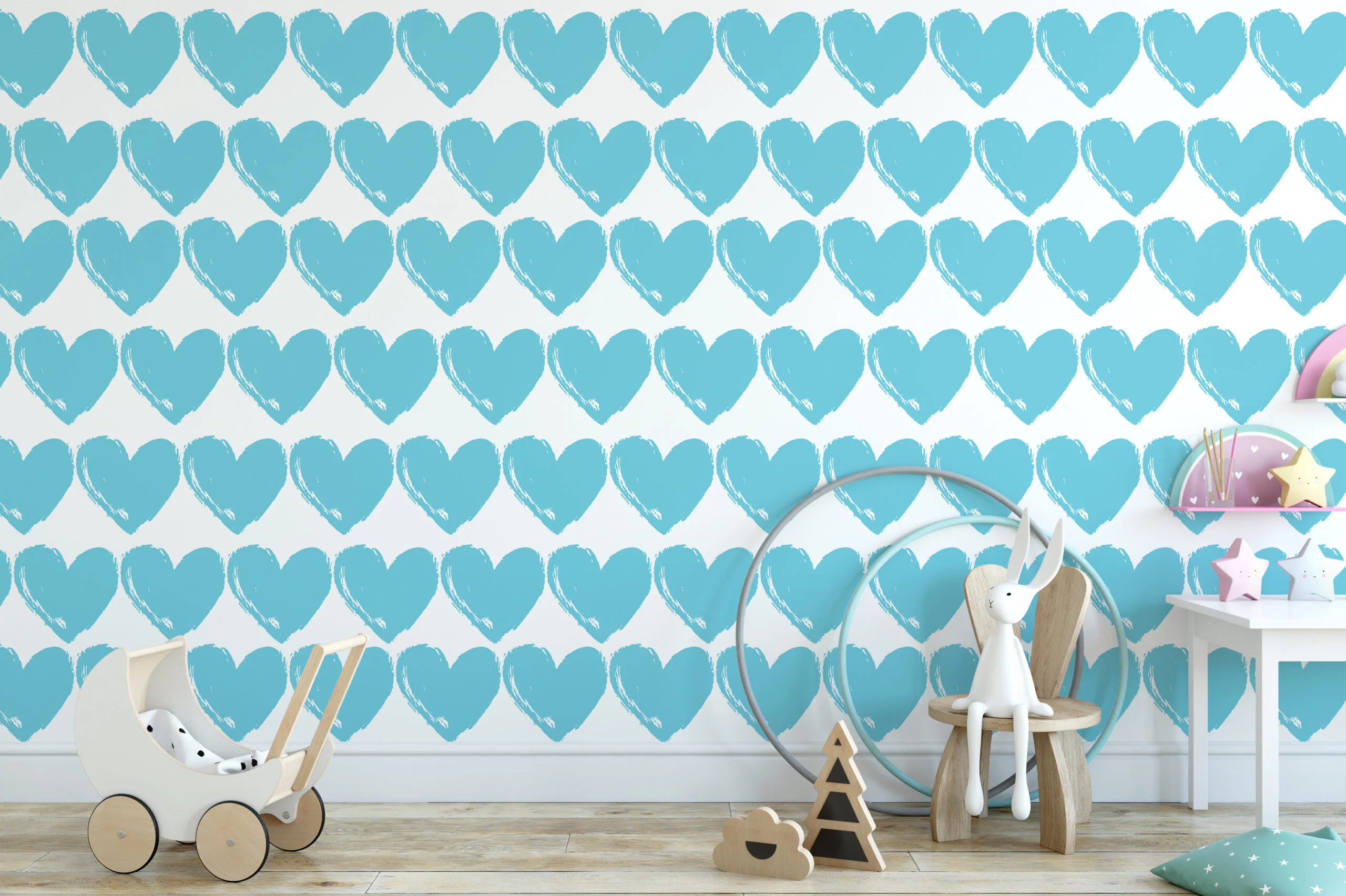 Light Blue Heart Pattern Wallpaper, Sweetheart Blue Heart Nursery Peel & Stick Wall Mural