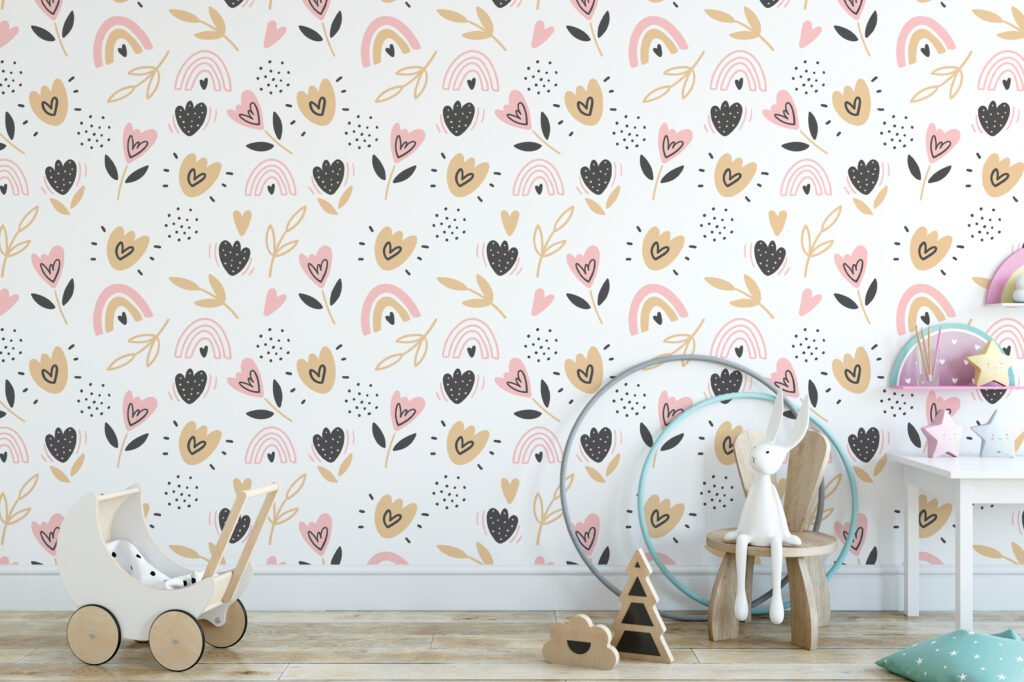 Cute Nursery Pattern With Rainbows Hearts And Branches Wallpaper, Whimsical Floral Kids Peel & Stick Wall Mural