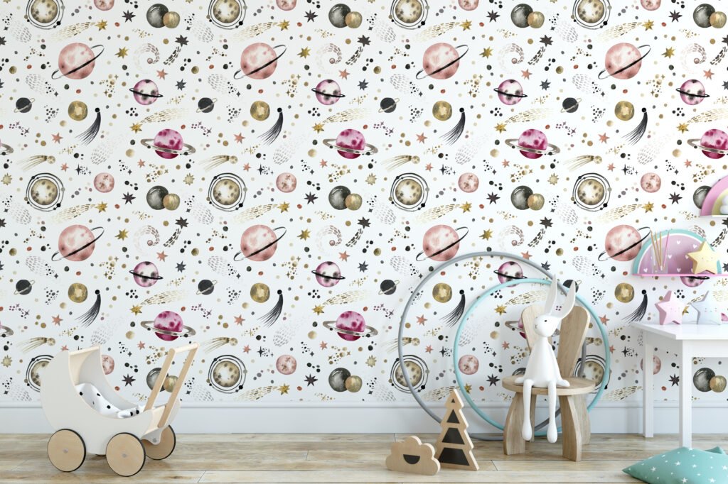 Watercolor Style Planets And Stars Illustration Wallpaper, Celestial Planets Kids Room Peel & Stick Wall Mural