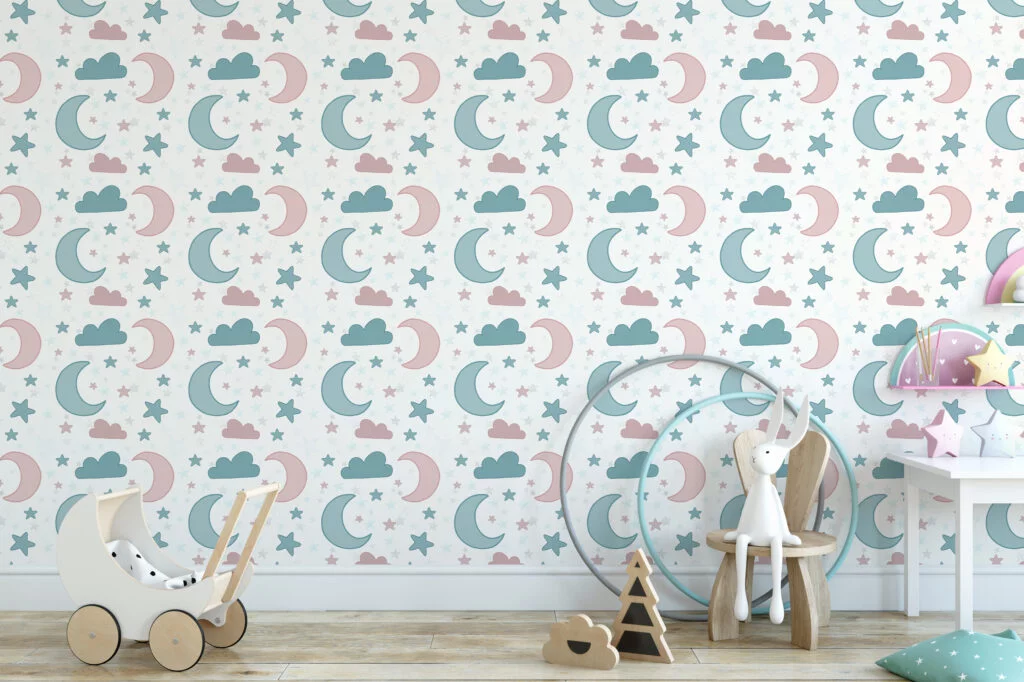 Nursery Stars Moon And Clouds Illustration Wallpaper, Dreamy Moons and Clouds Peel & Stick Wall Mural