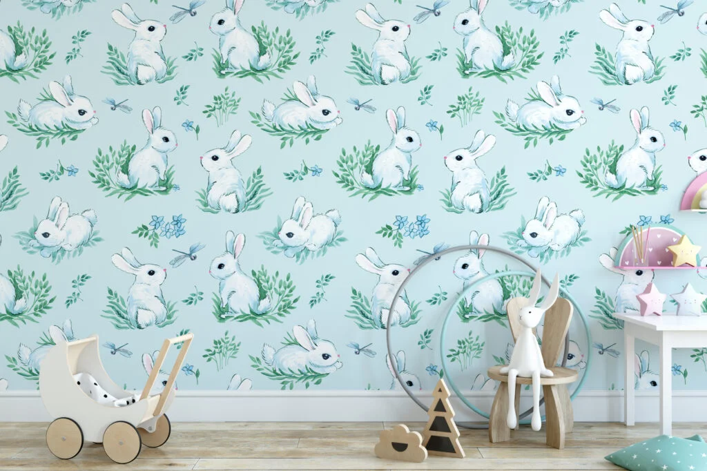 Light Blue Watercolor Effect Bunny With Dragonfly Illustration Wallpaper, Serene Bunny Meadow Kids Peel & Stick Wall Mural