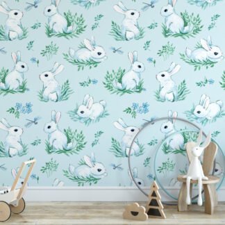 Light Blue Watercolor Effect Bunny With Dragonfly Illustration Wallpaper, Serene Bunny Meadow Kids Peel & Stick Wall Mural