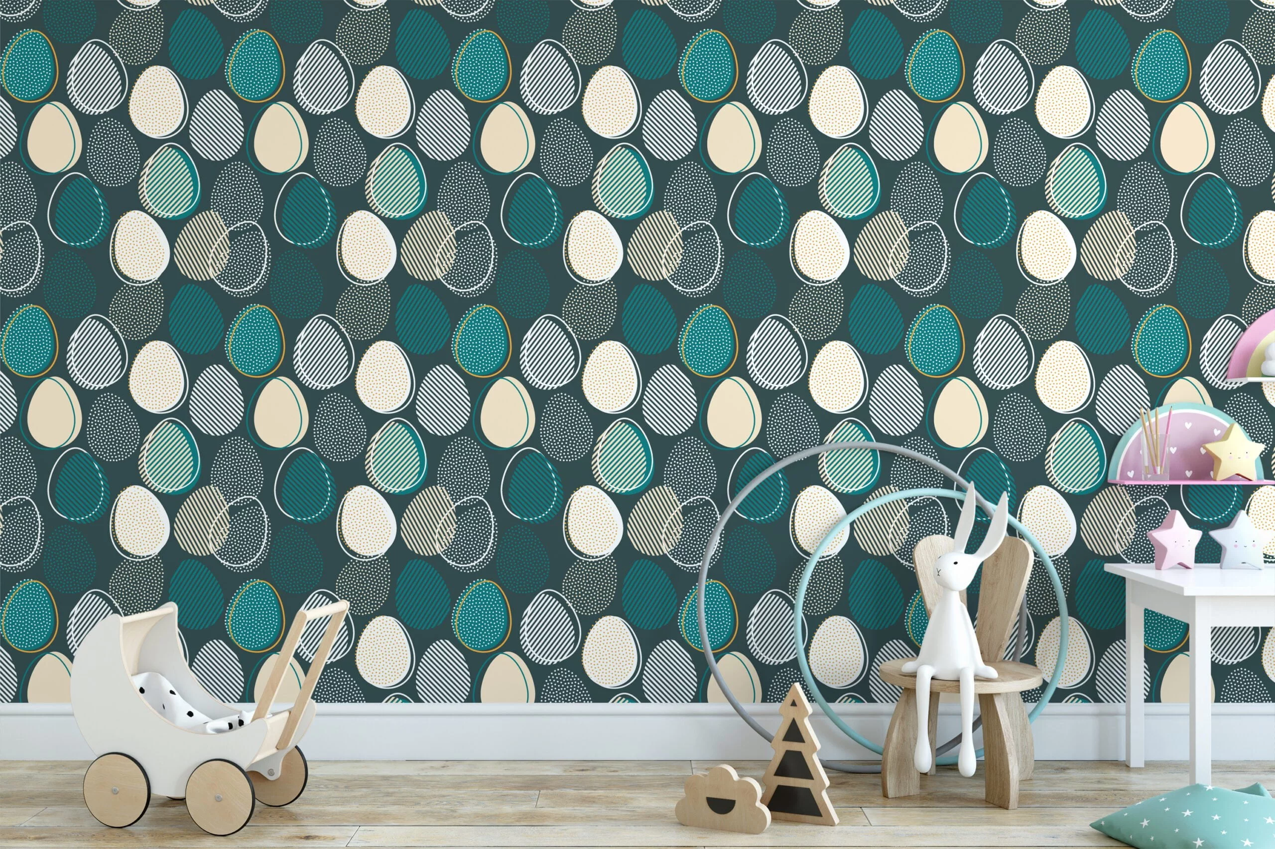 Teal Egg Shaped Abstract Illustration Wallpaper, Elegant Geometric Navy Peel & Stick Wall Mural