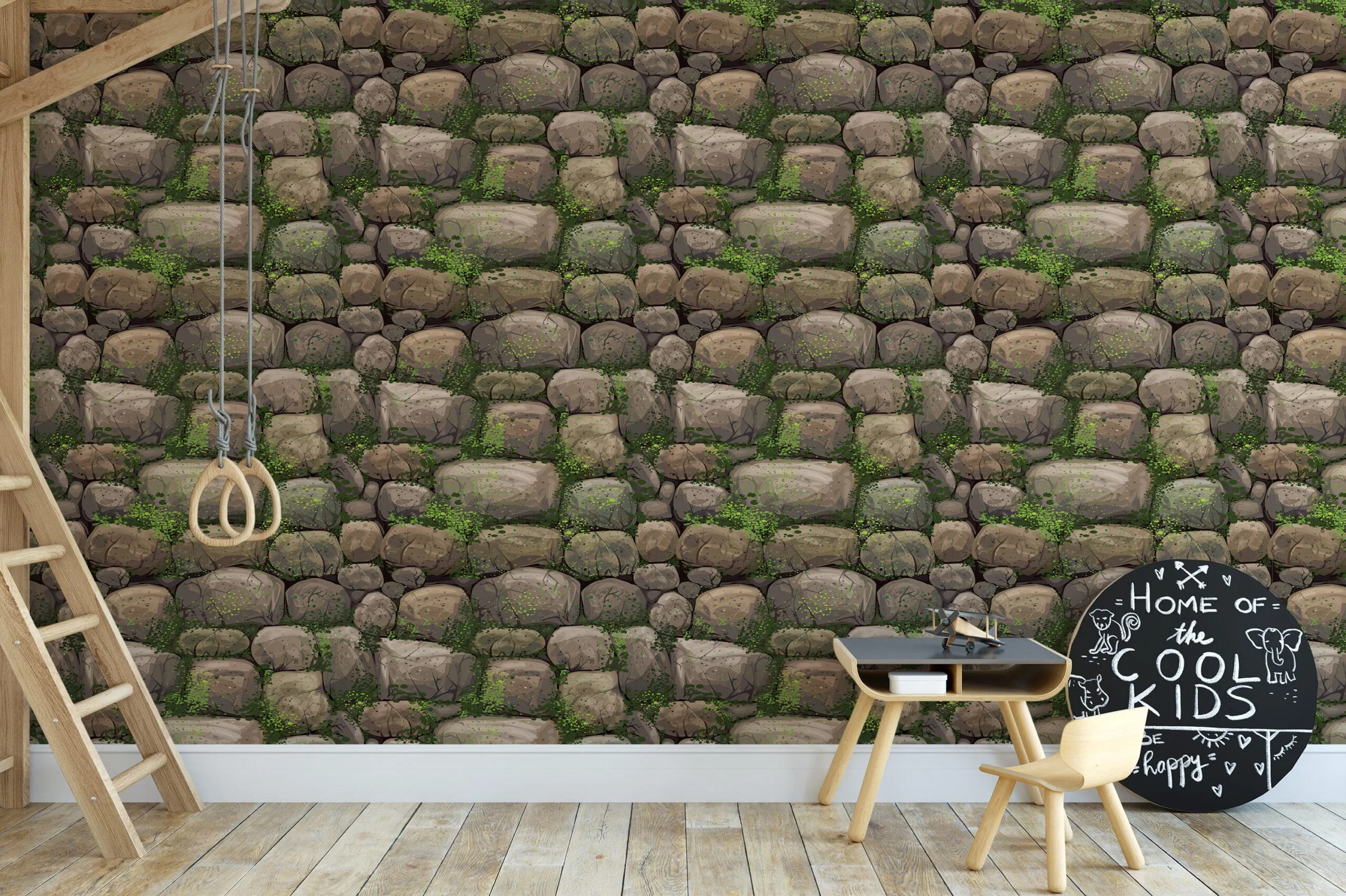 Cartoon Style Rocks And Moss Wallpaper, Natural Faux Texture Peel & Stick Wall Mural