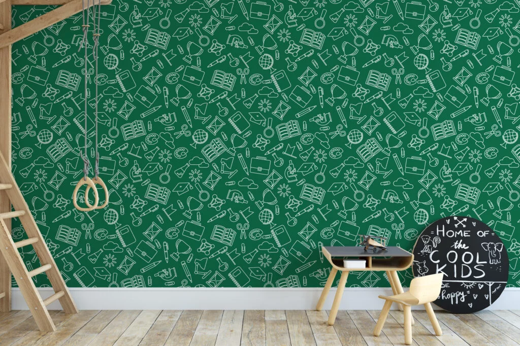 Green School Icons Kids Room Illustration Wallpaper, Green Chalkboard Doodles Peel & Stick Wall Mural