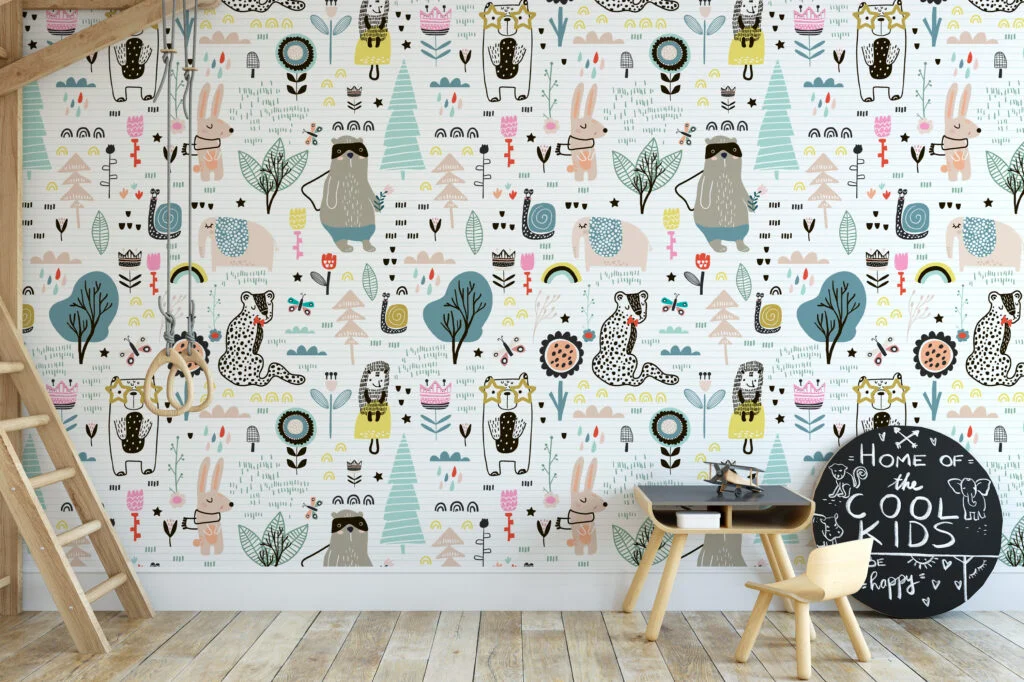 Cute Doodle Icons On Paper Pattern Wallpaper, Whimsical Woodland Drawings Peel & Stick Wall Mural