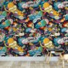 Cartoon Space Themed Kids Wallpaper Illustration, Vibrant Comic Space Adventure Peel & Stick Wall Mural