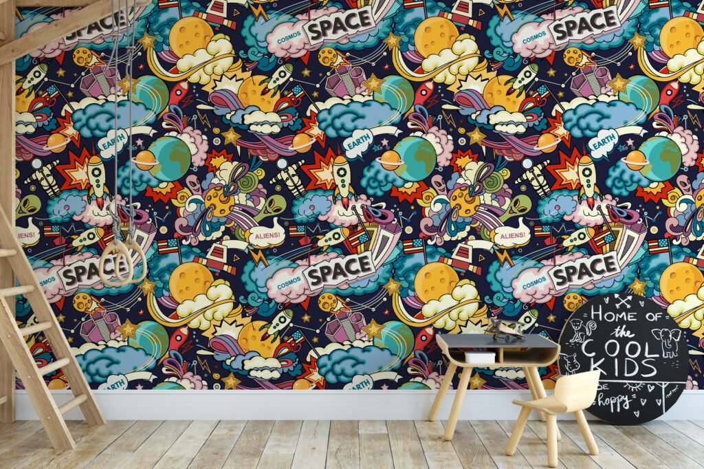 Cartoon Space Themed Kids Wallpaper Illustration, Vibrant Comic Space Adventure Peel & Stick Wall Mural