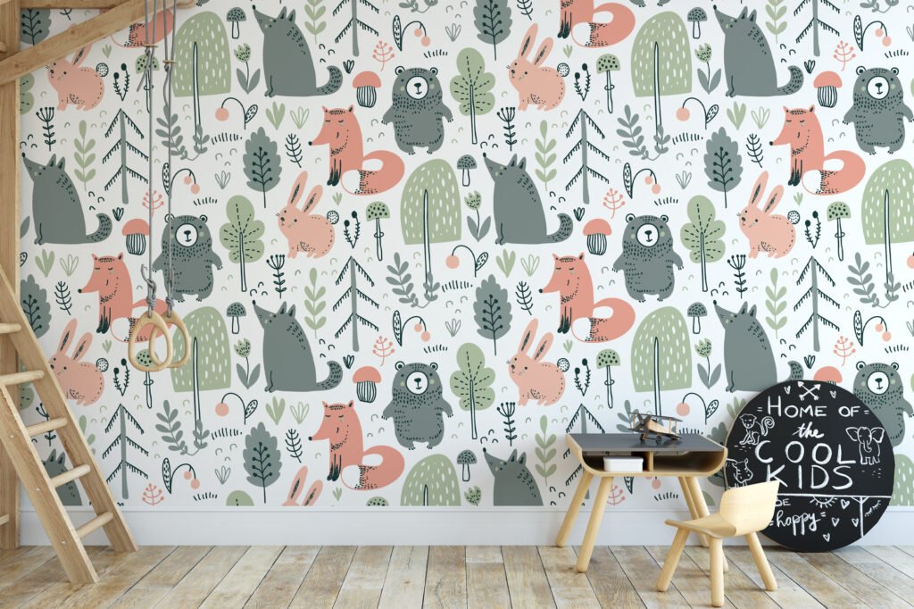 Nordic Scandinavian Forest Animals Drawings Illustration Wallpaper, Whimsical Forest Creatures Peel & Stick Wall Mural