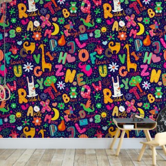 Cartoon Kids Illustration With Letters And Animals Wallpaper, Alphabet Adventure Nursery Peel & Stick Wall Mural