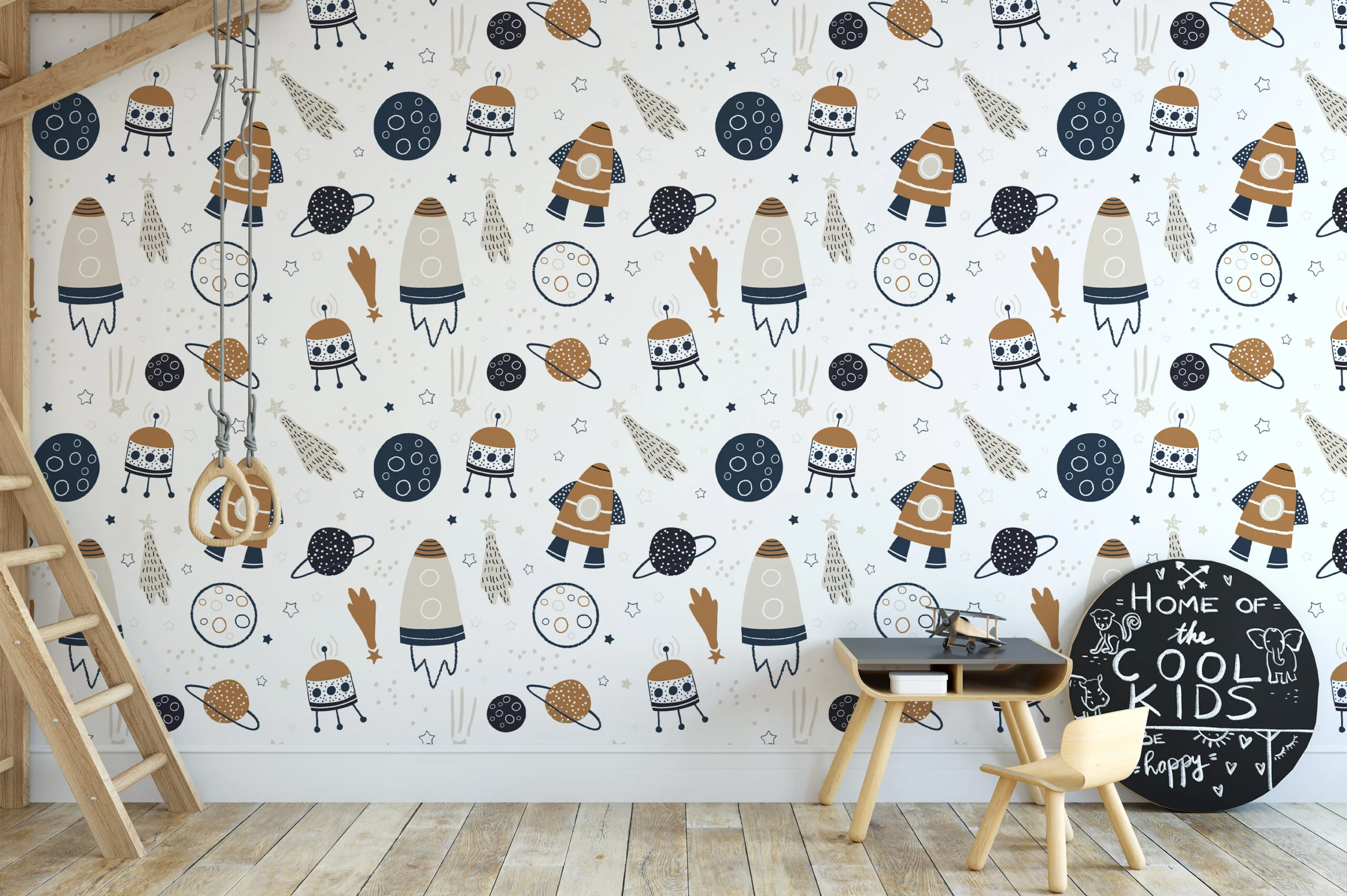 Nursery Cute Rockets And Planets Illustration Wallpaper, Astronomical Nursery Decor Peel & Stick Wall Mural