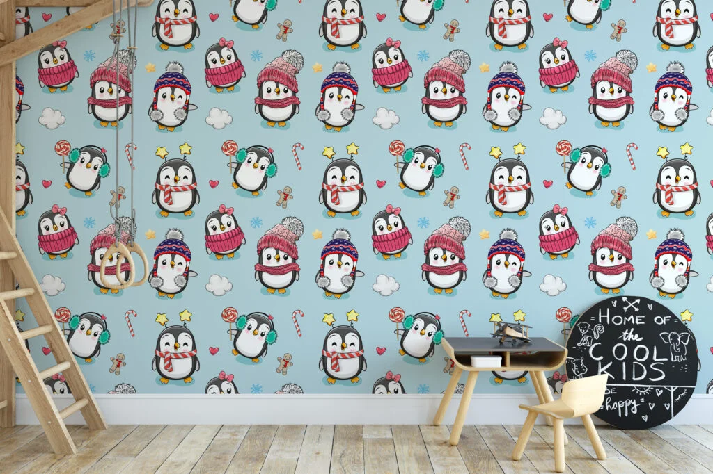 Cute Cartoon Style Christmas Penguins Illustration Wallpaper, Festive Penguin Playtime Kids Peel & Stick Wall Mural