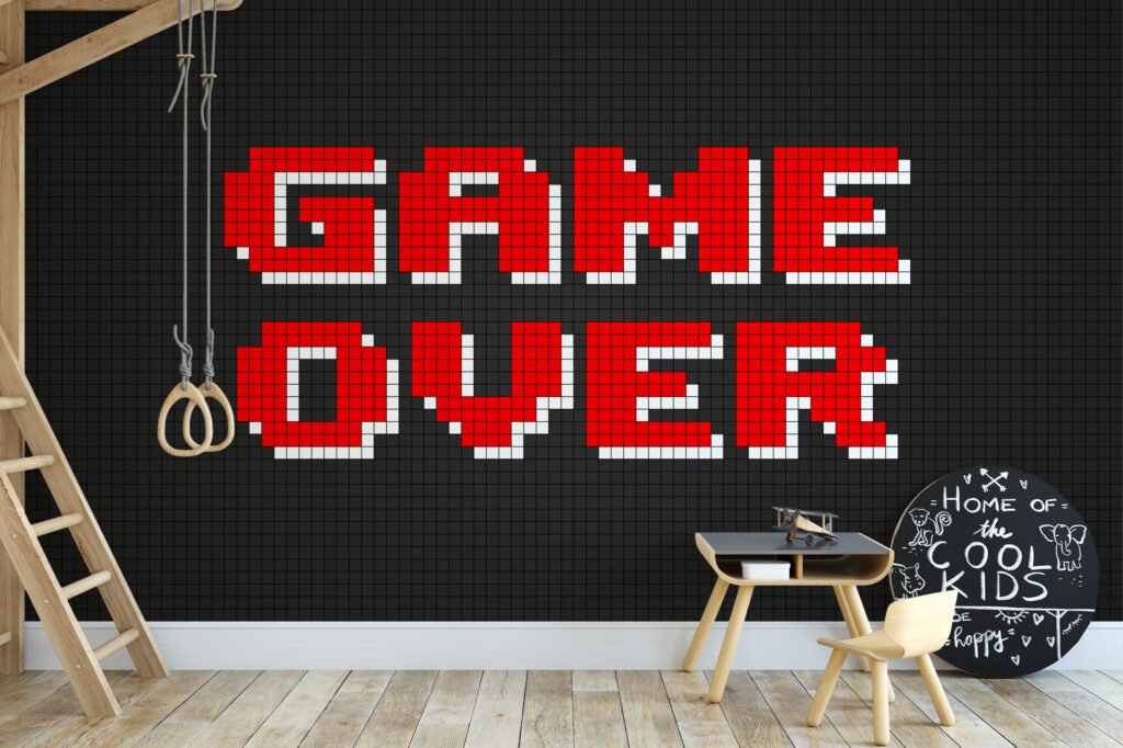 Game Over Video Game Pixel Art Wallpaper, Nostalgic Gamer Wall Decor Peel & Stick Wall Mural