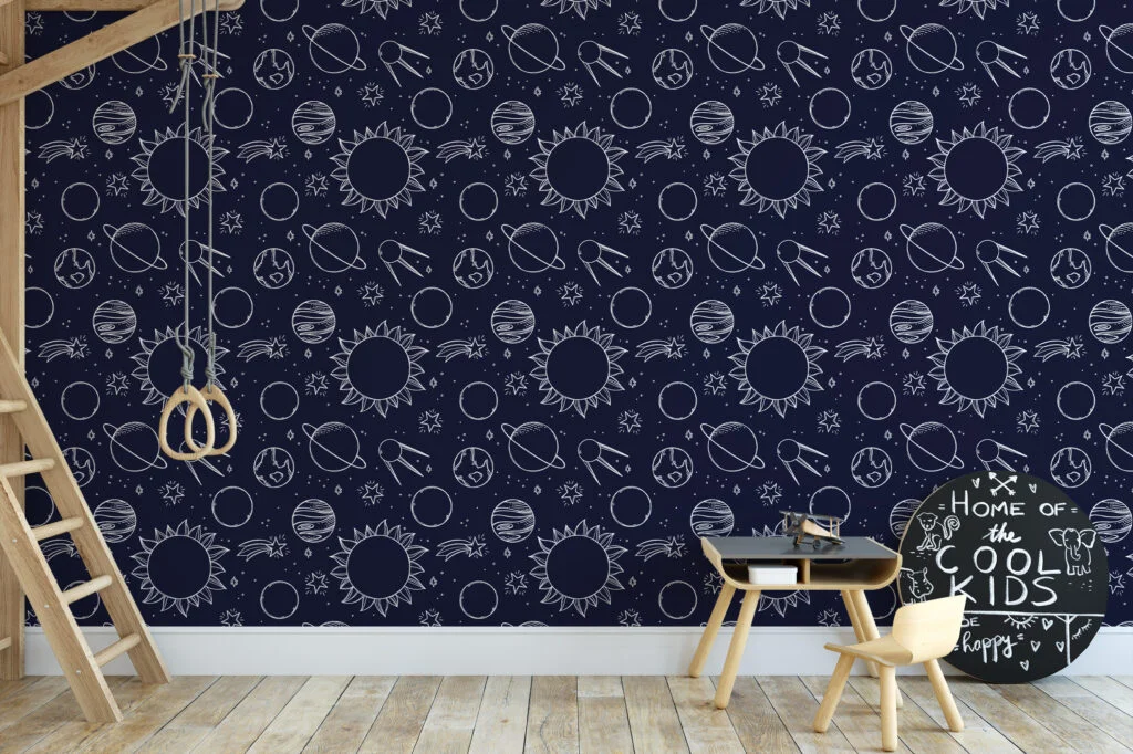 Planets And Space Line Art Design Wallpaper, Navy Cosmic Pattern Peel & Stick Wall Mural