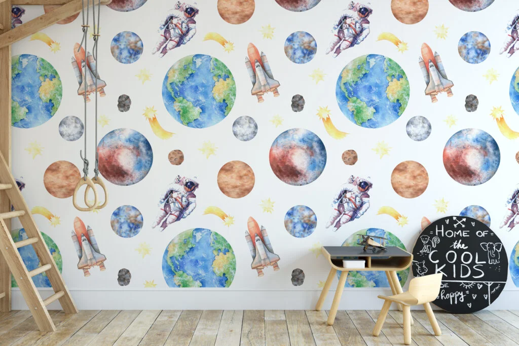 Watercolor Astronaut And Space Themed Planets Illustration Wallpaper, Astronaut and Space Shuttle Peel & Stick Wall Mural