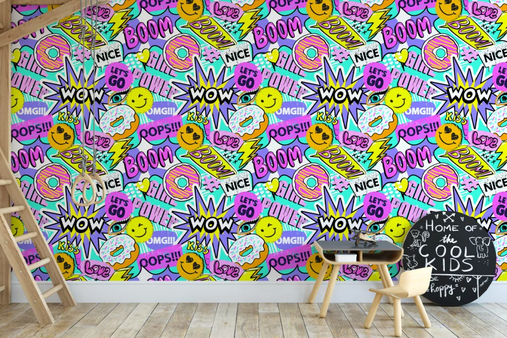 Retro Y2K Comic Chatbox Pattern Illustration Wallpaper, Playful Pop Art Peel & Stick Wall Mural