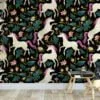 Cartoon Unicorn Illustration With A Dark Background Wallpaper, Enchanted Floral Peel & Stick Wall Mural